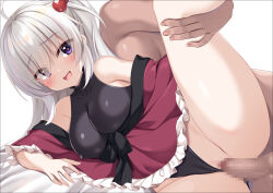1boy 1girl :d ahoge aria_(koiiroharemoyou) aroused bare_shoulders black_leotard black_panties black_ribbon blush breasts censored cleavage clothes_lift clothes_pull clothing_aside collarbone commentary_request commission covered_erect_nipples dress dress_lift dress_pull eyes_visible_through_hair feet_out_of_frame fingernails frilled_dress frills grey_hair groin hair_between_eyes hair_bobbles hair_ornament hair_spread_out happy_sex heart heart-shaped_pupils hetero highres impossible_clothes large_breasts leg_lift leg_up leotard long_hair looking_at_viewer mosaic_censoring off-shoulder_dress off_shoulder one_side_up open_mouth panties panties_aside purple_eyes raised_eyebrows red_dress ribbon sex sex_from_behind shinki_(touhou) simple_background skeb_commission smile solo_focus spooning sweatdrop symbol-shaped_pupils thighs touhou underwear vaginal white_background