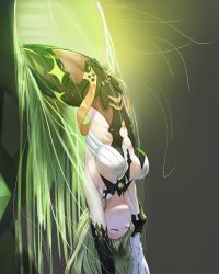 Rule 34 | 1girl, absurdres, armpits, arms up, between breasts, black bodysuit, bodysuit, breasts, brown bodysuit, closed eyes, cowboy shot, cream bread, detached sleeves, fishnets, from side, glowing, green hair, green theme, grey background, highres, honkai (series), honkai impact 3rd, layered clothes, long hair, mobius (honkai impact), parted lips, ribs, solo, string, tube, unconscious, upside-down, very long hair, wet