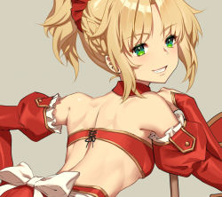 Rule 34 | alternate costume, artist name, bare shoulders, blonde hair, bow, bra, broom, detached sleeves, enmaided, fate (series), from behind, green eyes, leaning forward, looking back, lucidsky, maid, medium hair, mordred (fate), mordred (fate/apocrypha), necktie, parted bangs, ponytail, red bra, simple background, smile, strapless, strapless bra, underwear, white bow