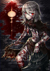 Rule 34 | 1girl, albino, bandages, blood, bloodborne, bloody weapon, chromatic aberration, disembodied head, gia, highres, hunter (bloodborne), pale skin, red eyes, short hair, silver hair, solo, uneven eyes, weapon
