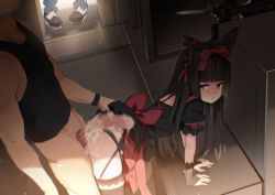 1boy 1girl aftersex all_fours ass bent_over black_bow black_hair black_panties black_thighhighs blunt_bangs blvefo9 bottomless bow bridal_gauntlets censored clothed_sex cum cum_on_ass doggystyle flat_chest garter_belt gate_-_jieitai_ka_no_chi_nite_kaku_tatakaeri gothic_lolita hair_bow hairband half-closed_eyes hetero huge_penis indoors itami_youji lelei_la_lalena loli lolita_fashion lolita_hairband long_hair looking_at_another looking_back male_pubic_hair mosaic_censoring panties parted_lips penis pubic_hair puffy_short_sleeves puffy_sleeves red_bow red_eyes rory_mercury sex sex_from_behind short_sleeves solo_focus sweat teeth thighhighs underwear