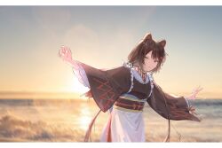 Rule 34 | 1girl, aji (eatfishfly), animal ears, apron, brown hair, brown kimono, choker, dog ears, flower, hair flower, hair ornament, heterochromia, highres, inui toko, japanese clothes, kimono, long hair, long sleeves, low twintails, nijisanji, ocean, outstretched arms, red eyes, red flower, sash, signature, solo, spread arms, swept bangs, twintails, very long hair, virtual youtuber, wide sleeves, yellow eyes