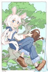 Rule 34 | :d, animal ear fluff, ankle socks, blue bow, blue eyes, blue overalls, blush, border, bow, brown footwear, dated, day, denim, floating hair, from behind, from side, full body, hair between eyes, hair bow, hand up, holding, holding watering can, leaf, leg up, long hair, long sleeves, looking at viewer, looking back, looking to the side, low ponytail, moss, no nose, open mouth, original, outdoors, outline, outside border, overalls, pants, pebble, plant roots, pocket, ponytail, rabbit girl, rock, shirt, shoe soles, shoes, signature, smile, socks, strap slip, tareme, tree, very long hair, water, watering, watering can, white border, white hair, white legwear, white outline, white shirt
