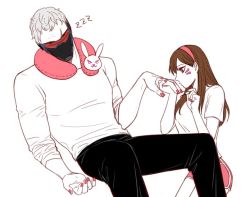 Rule 34 | 1boy, 1girl, applying manicure, black pants, brown eyes, brown hair, covered mouth, d.va (overwatch), facepaint, facial mark, fingernails, hairband, kneeling, long hair, m mim, mask, mouth mask, nail polish, overwatch, overwatch 1, painting nails, pants, partially colored, pink nails, pink shorts, scar, short hair, shorts, simple background, sitting, sleeping, sleeves pushed up, soldier: 76 (overwatch), visor, whisker markings, white background, white hair, zzz