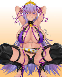 Rule 34 | 1girl, armpits, arms behind head, arms up, bb (fate), bb (fate) (all), bb (swimsuit mooncancer) (fate), bb (swimsuit mooncancer) (second ascension) (fate), belt, bikini, black garter belt, black shorts, breasts, earrings, fate/grand order, fate (series), garter belt, gyaru, hair ornament, hair ribbon, high heels, highres, huge breasts, jewelry, licking lips, long hair, looking at viewer, loose belt, micro shorts, mrnn, navel, purple bikini, purple eyes, purple hair, purple ribbon, ribbon, shorts, smile, solo, spread legs, squatting, star (symbol), star earrings, star hair ornament, stirrup legwear, studded garter belt, swimsuit, tan, toeless legwear, tongue, tongue out, very long hair, white belt