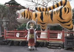 Rule 34 | 1girl, animal print, bishamonten&#039;s spear, blonde hair, closed eyes, hair ornament, ichiba youichi, long sleeves, multicolored hair, open mouth, real world location, shawl, shirt, sign, skirt, smile, solo, statue, streaked hair, temple, tiger, tiger print, toramaru shou, touhou, v, wide sleeves