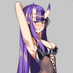 Rule 34 | 1girl, arm up, armpits, bare shoulders, breasts, captain hannah, cleavage, commentary, english commentary, heart, heart-shaped pupils, horn ornament, horn ring, horns, indie virtual youtuber, large breasts, long hair, looking at viewer, multicolored hair, oni horns, open mouth, pointy ears, purple hair, red eyes, second-party source, sidelocks, solo, swimsuit, symbol-shaped pupils, twomoon, virtual youtuber