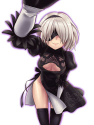 Rule 34 | 1girl, black dress, black gloves, black thighhighs, blindfold, breasts, cleavage, cleavage cutout, clothing cutout, cowboy shot, dress, foreshortening, gloves, hairband, highres, leaning forward, leotard, leotard peek, mole, mole under mouth, nier:automata, nier (series), panties, puffy short sleeves, puffy sleeves, reaching, reaching towards viewer, short hair, short sleeves, silver hair, smile, solo, thighhighs, two-sided fabric, two-sided skirt, underwear, wanao, white leotard, white panties, 2b (nier:automata)