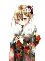 Rule 34 | 1girl, alternate costume, blonde hair, commentary request, fingers together, floral print, flower, fur, gorilla (bun0615), hair between eyes, hair flower, hair ornament, hair ribbon, highres, japanese clothes, kimono, long sleeves, looking at viewer, obi, red eyes, red ribbon, ribbon, rumia, sash, simple background, solo, touhou, white background, wide sleeves