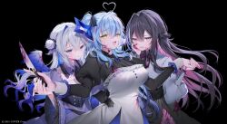 Rule 34 | 3girls, :3, :d, :q, ahoge, alternate costume, alternate hairstyle, amane kanata, angel wings, azki (hololive), black background, black corset, black dress, black hair, black nails, black ribbon, black skirt, blood, blood in hair, blood on clothes, blood on face, blue eyes, blue hair, blue halo, blue wings, bow, bowtie, braid, collared dress, collared shirt, colored inner hair, commentary request, corset, crossed bangs, detached collar, double-parted bangs, double bun, dress, facial mark, feathered wings, frilled dress, frills, grabbing another&#039;s hand, gradient wings, grey hair, hair between eyes, hair bun, hair intakes, half up braid, halo, hand on own face, hands on another&#039;s neck, heart, heart ahoge, highres, holding, holding knife, hololive, knife, long hair, long sleeves, looking at viewer, loveit? (biz), mini wings, mnimni, mole, mole under eye, multicolored hair, multicolored wings, multiple girls, neck ribbon, official alternate hairstyle, official art, open mouth, pink bow, pink hair, pointy ears, puffy long sleeves, puffy sleeves, purple dress, purple eyes, purple hair, ribbon, shirt, side up bun, sidelocks, simple background, single braid, single hair intake, skirt, smile, star halo, streaked hair, tongue, tongue out, two side up, very long hair, virtual youtuber, white dress, white hair, white shirt, white wings, wide sleeves, wings, wrist cuffs, yellow eyes, yukihana lamy