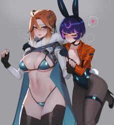 2girls absurdres adapted_costume animal_ears breasts fake_animal_ears highres jacket juno_(overwatch) leotard multicolored_hair multiple_girls navel orange_jacket overwatch pantyhose pink_hair playboy_bunny purple_hair rabbit_ears ratatatat74 short_hair strapless strapless_leotard two-tone_hair