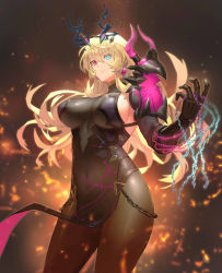 Rule 34 | 1girl, armor, bare shoulders, black dress, blonde hair, blue eyes, breasts, brown pantyhose, chain, dress, earrings, embers, barghest (fate), barghest (second ascension) (fate), fate/grand order, fate (series), gauntlets, heterochromia, highres, horns, jewelry, large breasts, long hair, looking at viewer, otsukemono, pantyhose, pauldrons, pelvic curtain, red eyes, shoulder armor, sideboob, single gauntlet, single pauldron, solo, thighs