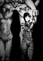Rule 34 | 1girl, absurdres, armor, black background, cable, chainsaw man, commentary, cosplay, darkness devil, dead space, english commentary, greyscale, gun, hair ornament, hairclip, higashiyama kobeni, highres, holding, holding gun, holding weapon, isaac clarke, isaac clarke (cosplay), mangodoodle1, mole, mole under mouth, monochrome, monster, navel, parted lips, plasma cutter, short hair, sweat, nervous sweating, weapon