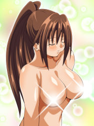 Rule 34 | 00s, 1girl, blush, breasts, brown hair, censored, censored nipples, convenient censoring, closed eyes, glowing, highres, ichigo 100 percent, inabakun00, kitaooji satsuki, large breasts, long hair, nude, parted lips, ponytail, solo, sparkle, standing, upper body