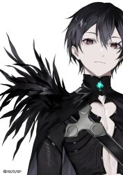 Rule 34 | 1boy, black cape, black eyes, black feathers, black hair, black jacket, cape, feathers, highres, jacket, jewelry, kirito, lam (ramdayo), looking at viewer, male focus, official art, pale skin, revealing clothes, short hair, strap, sword art online, white background
