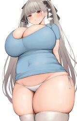 Rule 34 | 1girl, absurdres, alternate costume, azur lane, blue shirt, blush, breasts, commentary request, covered navel, curvy, formidable (azur lane), from below, grey hair, hair ornament, hair ribbon, highres, huge breasts, long hair, looking at viewer, neneneji, panties, parted lips, plump, red eyes, ribbon, shirt, short sleeves, side-tie panties, simple background, skindentation, solo, thick thighs, thighhighs, thighs, twintails, underwear, white background, white panties, white thighhighs