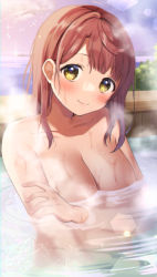 Rule 34 | 1girl, absurdres, artist name, blurry, blurry background, blush, breasts, bush, cleavage, closed mouth, collarbone, commentary request, completely nude, fingernails, hair behind ear, hair down, hand on own arm, hand up, head tilt, highres, horizon, kazepana, lens flare, light particles, long hair, looking at viewer, love live!, love live! nijigasaki high school idol club, medium breasts, nude, ocean, onsen, outdoors, partially submerged, purple sky, red hair, sidelocks, signature, sky, smile, solo, steam, uehara ayumu, upper body, water, wet, yellow eyes