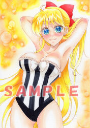 Rule 34 | 1girl, aino minako, armpits, arms behind head, bare shoulders, bishoujo senshi sailor moon, blonde hair, blue eyes, blush, bow, breasts, earrings, highres, jewelry, long hair, medium breasts, one-piece swimsuit, red bow, saffron factory, sleeveless, swimsuit, very long hair