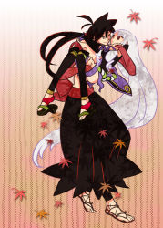 Rule 34 | 1boy, 1girl, afuroya, carrying, height difference, japanese clothes, katanagatari, leaf, long hair, manly, maple leaf, princess carry, red eyes, sandals, thighhighs, toeless legwear, togame, very long hair, white hair, yasuri shichika