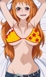 Rule 34 | 1girl, arms up, bikini, bikini top only, blue pants, breasts, brown eyes, covered erect nipples, denim, highres, jeans, large breasts, long hair, looking at viewer, lying, nami (one piece), navel, oki kuro, on back, one piece, open mouth, orange hair, pants, solo, stomach, swimsuit, v-shaped eyebrows, very long hair