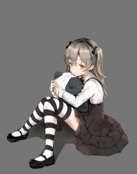 Rule 34 | 10s, 1girl, black hairband, black skirt, boko (girls und panzer), brown hair, commentary request, dorok, full body, girls und panzer, grey background, hairband, highres, horizontal-striped legwear, long hair, long sleeves, pout, pouty lips, shimada arisu, shirt, simple background, sitting, skirt, solo, striped clothes, striped thighhighs, stuffed animal, stuffed toy, teddy bear, thighhighs, white shirt