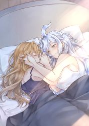 Rule 34 | 2girls, ahoge, bare shoulders, bed, blanket, blue tank top, blush, brown hair, closed eyes, closed mouth, commentary, english commentary, from above, granblue fantasy, hand in own hair, highres, holding hands, indoors, interlocked fingers, limitless skye, long hair, looking at another, lying, multiple girls, on side, pillow, shirt, silva (granblue fantasy), silver hair, sleeveless, sleeveless shirt, smile, tank top, tweyen (granblue fantasy), wavy hair, white shirt, yellow eyes