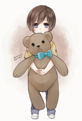 Rule 34 | 1boy, aged down, blue eyes, brown background, brown hair, child, dated, denim, final fantasy, final fantasy viii, full body, highres, hiryuu (kana h), holding, holding stuffed toy, hugging doll, hugging object, jeans, looking at viewer, male focus, no shoes, own hands together, pants, raised eyebrows, shirt, short hair, signature, socks, solo, squall leonhart, standing, stuffed animal, stuffed toy, t-shirt, teddy bear, white socks, yellow shirt