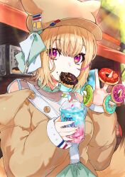 Rule 34 | 1girl, absurdres, animal ear fluff, animal ears, blonde hair, blouse, bow, brown hat, brown jacket, commentary request, cup, day, disposable cup, doughnut, drink, drinking straw, ear ribbon, food, food in mouth, fox ears, fox girl, fox hat, hair between eyes, hands up, hat, highres, holding, holding drink, holding food, hololive, jacket, long sleeves, looking at viewer, minus zero69, mouth hold, multicolored hair, official alternate costume, official alternate hair length, official alternate hairstyle, omaru polka, omaru polka (street casual), outdoors, pink hair, purple eyes, shirt, short hair, sleeves past wrists, solo, streaked hair, upper body, virtual youtuber, white shirt