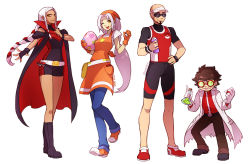 Rule 34 | 2boys, 2girls, :d, alternate costume, apron, bald, barefoot, beard, belt, black footwear, blue pants, boots, bottle, braid, brown hair, brown pants, covered collarbone, creatures (company), egg, facial hair, game freak, grin, holding, holding bottle, knee boots, lab coat, league of legends, lee sin, long hair, looking at viewer, multiple boys, multiple girls, navel, nintendo, one eye closed, open mouth, orange apron, pants, personification, poke ball, pokemon, pokemon egg, potion, short hair, shyvana, simple background, smile, soraka (league of legends), sportswear, sunglasses, teeth, twin braids, upper teeth only, vmat, white background, white belt, ziggs