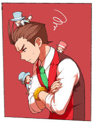 Rule 34 | 1boy, 1girl, asayosi k, bracelet, brown hair, chibi, chibi on head, chibi on shoulder, closed mouth, crossed arms, from side, green neckwear, ace attorney, jewelry, leaning forward, trucy wright, necktie, apollo justice, on head, profile, red vest, shirt, short hair, sleeves rolled up, thinking, vest, white shirt