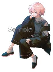 Rule 34 | 1boy, black jacket, black pants, collared shirt, commentary request, dress shirt, full body, highres, jacket, looking at viewer, male focus, open clothes, open jacket, orange eyes, original, orniflop, pants, pink hair, sample watermark, shirt, shoes, short hair, simple background, sitting, smile, socks, sweater vest, watermark, white background, white shirt