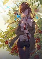 Rule 34 | 1girl, backlighting, belt, black pantyhose, blue eyes, breasts, brown hair, bug, butterfly, collared shirt, cowboy shot, dew drop, flower, hair between eyes, head tilt, highres, holding, holding umbrella, insect, jacket, long hair, long sleeves, makise kurisu, medium breasts, necktie, off shoulder, pantyhose, plant, red necktie, shirt, shirt tucked in, short shorts, shorts, solo, sparkle, standing, steins;gate, straight hair, umbrella, water drop, white shirt, yuzhi