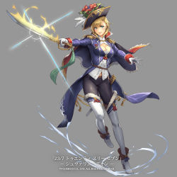 Rule 34 | 1girl, 23/7, black hat, black pants, blonde hair, blue eyes, breasts, cape, copyright name, cuboon, epaulettes, flaming sword, flaming weapon, flower, full body, glint, gloves, hat, hat feather, hat flower, medal, medium breasts, official art, pants, red cape, sheath, solo, standing, watermark, white gloves, white legwear