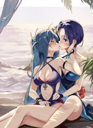 Rule 34 | 2girls, bare arms, bare shoulders, blue hair, blue one-piece swimsuit, blush, breasts, casual one-piece swimsuit, cleavage, closed eyes, clothing cutout, commentary request, criss-cross halter, feet out of frame, fire emblem, fire emblem: three houses, fire emblem heroes, flower, forehead, halterneck, hand up, highres, horizon, kiss, kurono kiria, lamb (hitsujiniku), long hair, medium breasts, multiple girls, navel, navel cutout, nintendo, ocean, one-piece swimsuit, parted bangs, purple eyes, red flower, shamir nevrand, shamir nevrand (summer), sitting, swimsuit, tokyo mirage sessions fe, very long hair, water, yuri