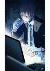 Rule 34 | 1boy, black jacket, blue eyes, blue hair, btmr game, can, chair, drooling, energy drink, hair between eyes, highres, hypnosis mic, id card, indoors, jacket, kannonzaka doppo, keyboard (computer), lanyard, long sleeves, male focus, monitor, multicolored hair, necktie, open mouth, red bull, red hair, signature, sitting, solo, sweat