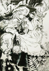 Rule 34 | 1girl, absurdres, adjusting hair, antlers, apron, arashigawa, bow, bowtie, braid, capelet, chinese commentary, closed mouth, commentary, deer, flower, greyscale, hair bow, hair over one eye, hat, hat bow, highres, holding, holding lantern, horns, kirisame marisa, lantern, leaf, long hair, long sleeves, looking at viewer, monochrome, one eye covered, plant, single braid, skirt, smile, solo, star (symbol), touhou, traditional media, vest, waist apron, witch hat