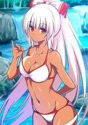 Rule 34 | 1girl, arm behind back, bare arms, bare shoulders, bikini, bikini tan, blunt bangs, blurry, blurry background, bow, breasts, cleavage, collarbone, commentary request, cowboy shot, dark-skinned female, dark skin, fujiwara no mokou, groin, hair bow, hand up, hijikawa arashi, large breasts, long hair, looking at viewer, navel, pinky out, ponytail, red eyes, rock, shiny skin, sidelocks, silver hair, sketch, smile, solo, standing, stomach, strap pull, swimsuit, tan, tanline, thighs, touhou, very long hair, water, waterfall, white bikini, white bow