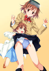 Rule 34 | 2girls, age difference, ahoge, artist request, assisted exposure, blush stickers, brown eyes, brown hair, child, clone, clothes lift, dress, empty eyes, head-mounted display, lab coat, last order (toaru majutsu no index), lifting another&#039;s clothes, miniskirt, misaka imouto, multiple girls, panties, polka dot, polka dot dress, sandals, school uniform, size difference, skirt, skirt lift, source request, standing, striped clothes, striped panties, tagme, thighs, toaru majutsu no index, tokiwadai school uniform, underwear
