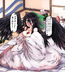 Rule 34 | 1girl, bed sheet, bird wings, black hair, black wings, blush, breasts, can, cleavage, collarbone, commentary request, commission, energy drink, fang, full body, hair between eyes, indoors, long hair, looking at viewer, messy hair, monster energy, naked sheet, nose blush, nude, open mouth, red eyes, reiuji utsuho, sitting, smile, solo, sunnysideup, third eye, tissue box, touhou, translation request, very long hair, wings