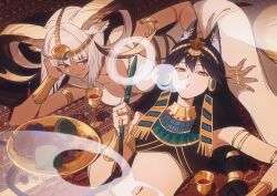 Rule 34 | 2girls, alternate costume, animal ear fluff, animal ears, arknights, armlet, bare shoulders, breasts, carnelian (arknights), chalice, circlet, crop top, cup, dark skin, dress, egyptian clothes, food, fruit, grapes, haidan uniiii, highres, horns, large breasts, long hair, looking at viewer, midriff, multiple girls, navel, parted lips, plate, red eyes, short hair, smoke, stomach, texas (arknights), usekh collar, white dress, white hair, wolf ears, yellow eyes