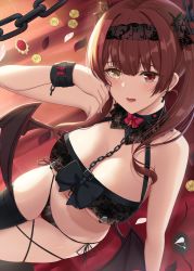1girl, bangs, bare shoulders, black legwear, black panties, black ribbon, breasts, chains, cleavage, coin, cross, cross earrings, demon wings, earrings, eyebrows visible through hair, fang, from above, hairband, hand up, highres, hololive, houshou marine, jewelry, large breasts, light blush, long hair, looking at viewer, low wings, navel, open mouth, panties, petals, red eyes, red hair, red ribbon, ribbon, shiny, shiny hair, side-tie panties, single thighhigh, solo, thighhighs, thighs, underboob, underwear, virtual youtuber, wings, yamikyon
