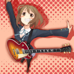 Rule 34 | 00s, 1girl, blush, brown eyes, brown hair, female focus, foreshortening, from above, grin, guitar, hair ornament, hairclip, halftone, halftone background, highres, hirasawa yui, ichijou tatami, instrument, k-on!, outstretched arms, pantyhose, school uniform, short hair, smile, solo, spread arms