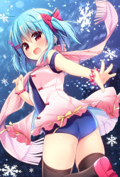 Rule 34 | 1girl, :d, ass, bare arms, bare shoulders, blue hair, blue one-piece swimsuit, blush, bow, bracelet, breasts, brown thighhighs, commentary request, dress, frilled dress, frills, fringe trim, hair between eyes, hair bow, hair ornament, hairclip, hanamiya natsuka, jewelry, one-piece swimsuit, open mouth, original, pink dress, pink scarf, polka dot, polka dot bow, polka dot scarf, red bow, red eyes, red footwear, scarf, shoe soles, shoes, sleeveless, sleeveless dress, small breasts, smile, snowflakes, standing, standing on one leg, strap slip, swimsuit, swimsuit under clothes, thighhighs, two side up, underwear