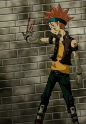 Rule 34 | 1boy, bare shoulders, belt, blood, brick wall, cropped legs, crow hogan, earrings, elbow gloves, fingerless gloves, gloves, injury, jewelry, looking to the side, male focus, orange hair, pants, shirt, sleeveless, sleeveless shirt, solo, spiked hair, standing, vest, wall, yellow shirt, yu-gi-oh!, yu-gi-oh! 5d&#039;s