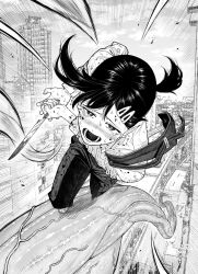 Rule 34 | 1girl, black hair, blood, blood on clothes, blood on face, bloody knife, chainsaw man, crying, crying with eyes open, greyscale, hair ornament, hairclip, higashiyama kobeni, highres, holding, holding knife, kanazawa shinnosuke, knife, leaning forward, looking at viewer, monochrome, motion lines, open mouth, running, screaming, short hair, short ponytail, single sidelock, solo, sweatdrop, swept bangs, tears, tentacles