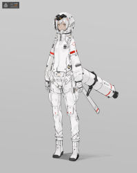 Rule 34 | 1girl, astronaut, boots, brown eyes, closed mouth, commentary, full body, gloves, grey background, helmet, jetpack, looking at viewer, neco, original, sidelocks, simple background, solo, space helmet, spacesuit, standing, white gloves, white hair