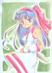 Rule 34 | 1girl, ainu clothes, blue eyes, blue hair, breasts, fingerless gloves, gloves, hair ribbon, highres, legs, long hair, looking at viewer, nakoruru, open mouth, pants, ribbon, samurai spirits, sideboob, small breasts, smile, snk, solo, the king of fighters, thighs, traditional media, weapon