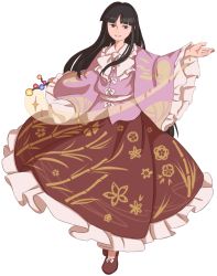 Rule 34 | 1girl, bamboo, black hair, branch, brown eyes, cloud, floral print, frills, highres, hime cut, houraisan kaguya, japanese clothes, jeweled branch of hourai, long hair, long sleeves, mefomefo, moon, outstretched arms, shoes, simple background, smile, solo, sparkle, spread arms, touhou, very long hair, white background, wide sleeves