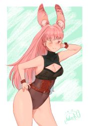 Rule 34 | absurdres, aidenr0, animal ears, bare legs, bare shoulders, cameltoe, highres, one eye closed, pink eyes, pink hair, rabbit ears, thighs, wink, wristband