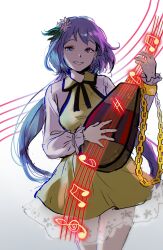 Rule 34 | 1girl, biwa lute, chain, cowboy shot, dress, flower, hair flower, hair ornament, highres, himuhino, holding, holding instrument, instrument, long sleeves, looking at viewer, low twintails, lute (instrument), music, musical note, playing instrument, purple hair, smile, solo, touhou, tsukumo benben, twintails, white background, yellow dress
